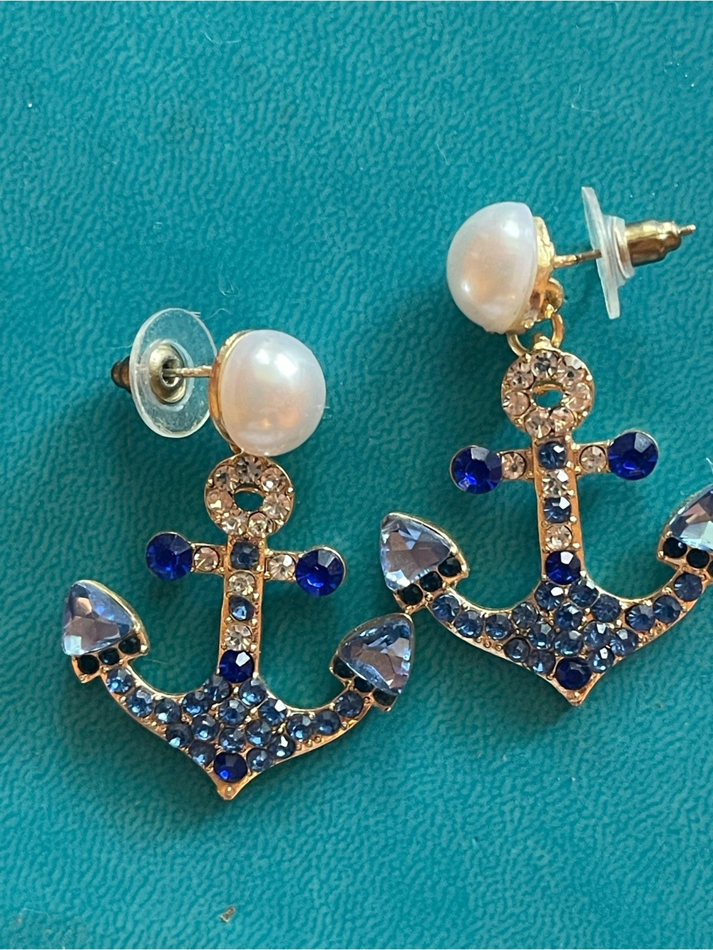 Blue Crystal Anchor Drop Earrings with Pearl Stud